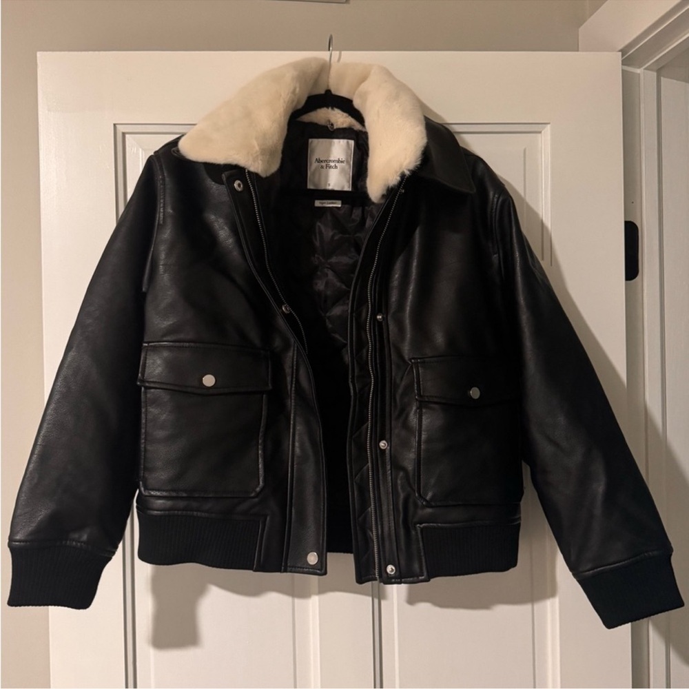 Abercrombie & Fitch Black Leather Bomber Jacket with Cream Collar
